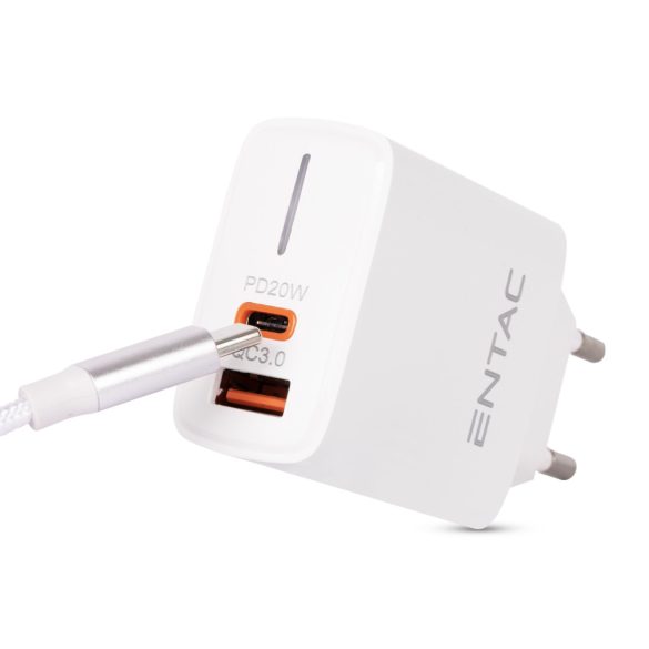 Entac 20W hálózati gyorstöltő USB-A + USB-C PD & QC fehér