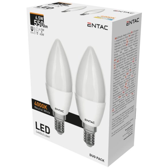 ENTAC LED gyertya izzó E14 6,5W 4000K természetes fehér 550 lumen 2 db-os kiszerelés 