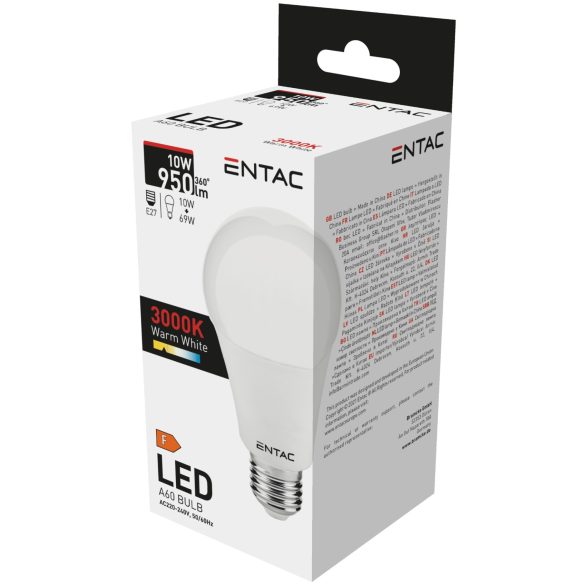 ENTAC A60 LED izzó, 10W, E27 foglalat, 3000K meleg fehér fény, gömb alakú