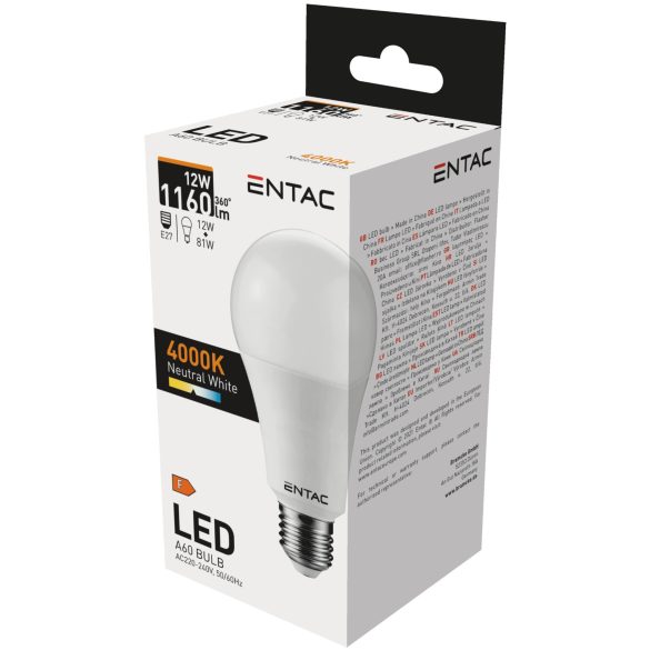 ENTAC A60 LED izzó, 12W, E27 foglalat, 4000K természetes fehér fény, gömb alakú