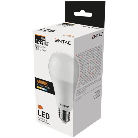 ENTAC A65 LED izzó, 15W, E27 foglalat, 4000K természetes fehér fény, gömb alakú