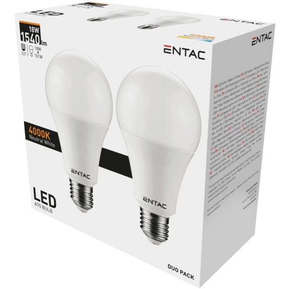 ENTAC A70 LED izzó, 18W, E27 foglalat, 4000K természetes fehér fény, gazdaságos 2 db-os kiszerelés