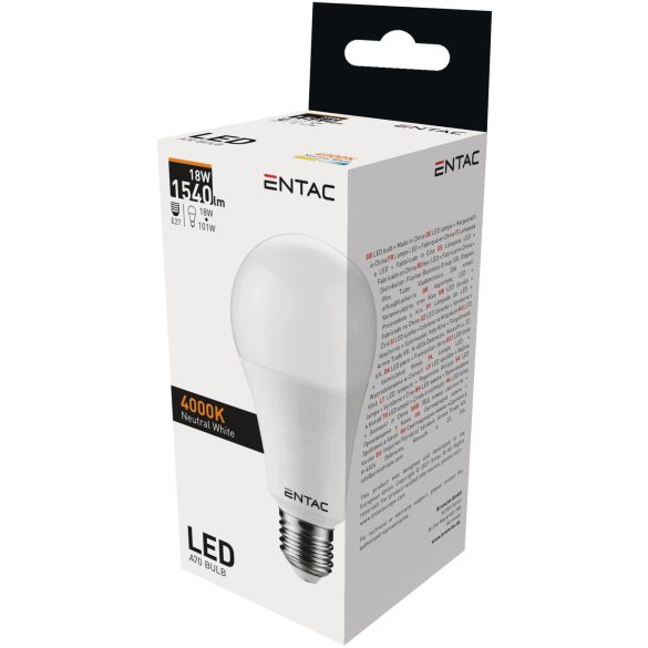 ENTAC A70 LED izzó, 18W, E27 foglalat, 4000K természetes fehér fény, gömb alakú