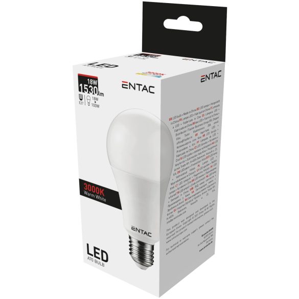 ENTAC A70 LED izzó, 18W, E27 foglalat, 3000K meleg fehér fény, gömb alakú