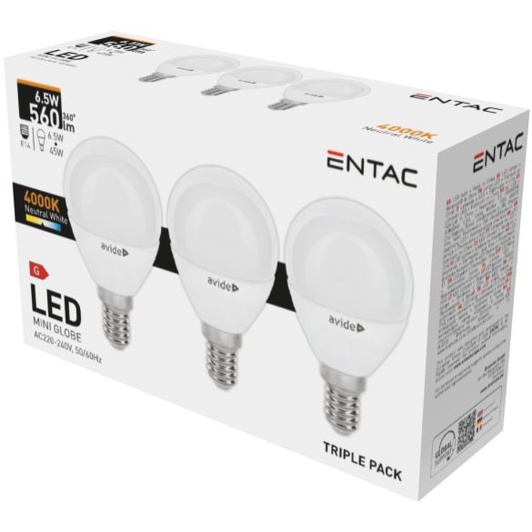 ENTAC LED kis gömb izzó E14 6,5W 4000K természetes fehér 560 lumen 3db-os kiszerelés