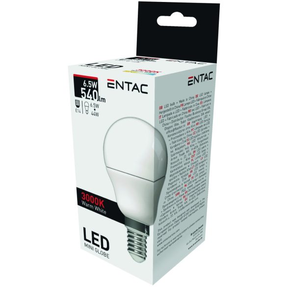 ENTAC LED kis gömb izzó E14 6,5W 3000K meleg fehér 540 lumen