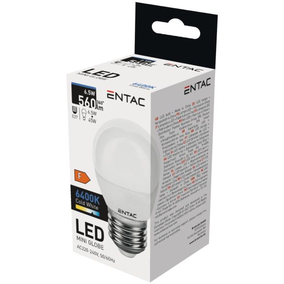 ENTAC LED kis gömb izzó E27 6,5W 6400K hideg fehér 560 lumen