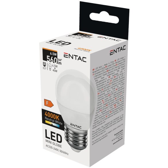 ENTAC LED kis gömb izzó E27 6,5W 4000K természetes fehér 560 lumen