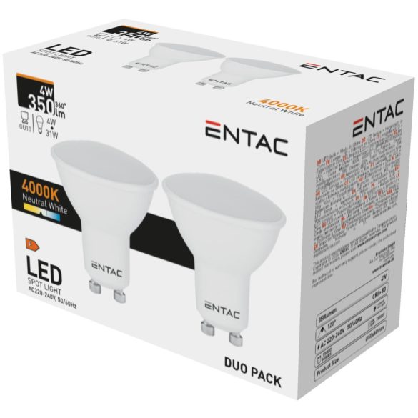 ENTAC LED Spot izzó GU10 4W 4000K természetes fehér 350 lumen (Duo Pack - 2 db)