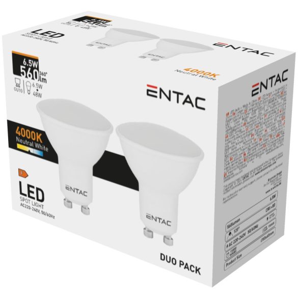 ENTAC LED Spot izzó GU10 6,5W 4000K természetes fehér 560 lumen (Duo Pack - 2 db)