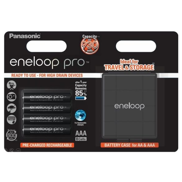 Panasonic Eneloop Pro AAA mikró 930mAh újratölthető akkumulátor, 4 db-os  + tároló