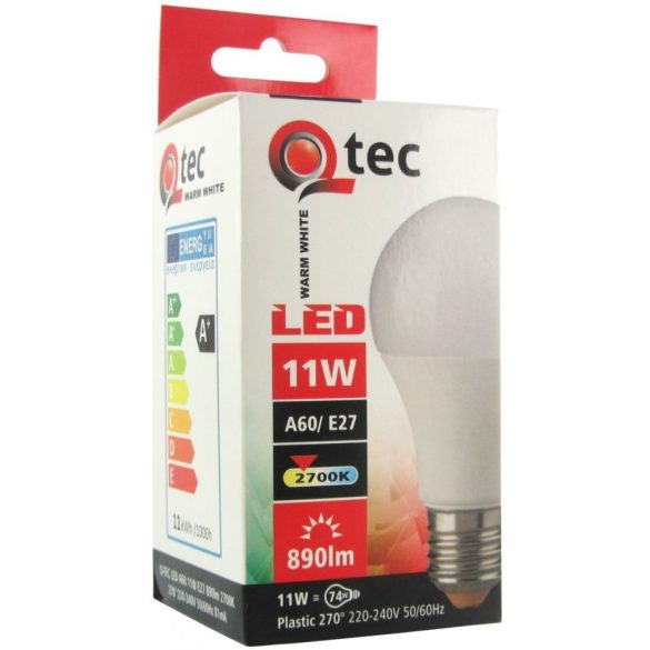 Qtec LED izzó 11W A60 E27 2700K 890lm (meleg fehér)