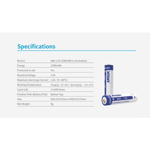 XTAR 10440 AAA 1,5V-os 1000 mAh, védett Li-ion akku