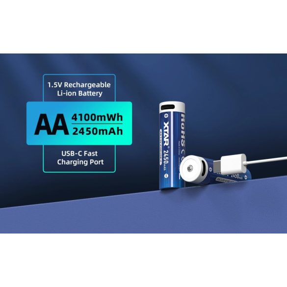 XTAR 14500 2450mAh, AA 1,5V-os védett Li-ion akku USB-C töltéssel 4 db-os