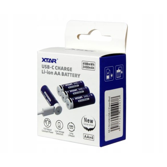XTAR 14500 2450mAh, AA 1,5V-os védett Li-ion akku USB-C töltéssel 4 db-os