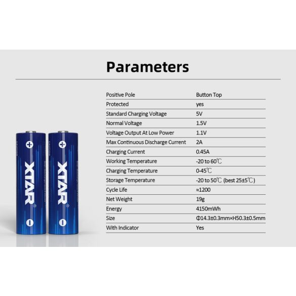 XTAR 14500 2500mAh, AA 1,5V-os  védett Li-ion akku 