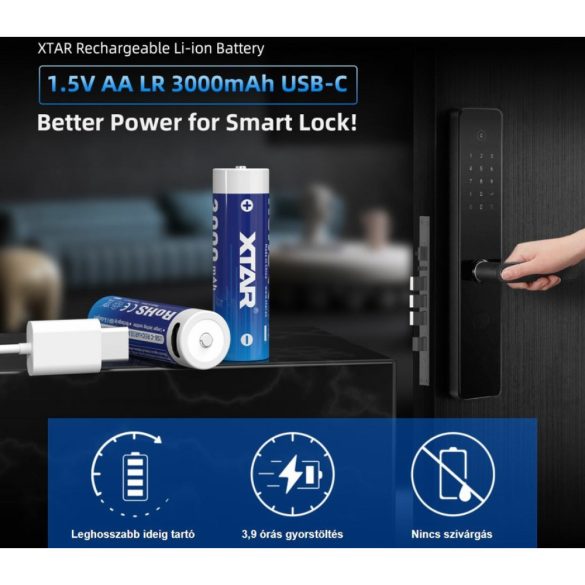 XTAR 14500 3000mAh, AA 1,5V-os védett Li-ion akku USB-C töltéssel 4 db-os