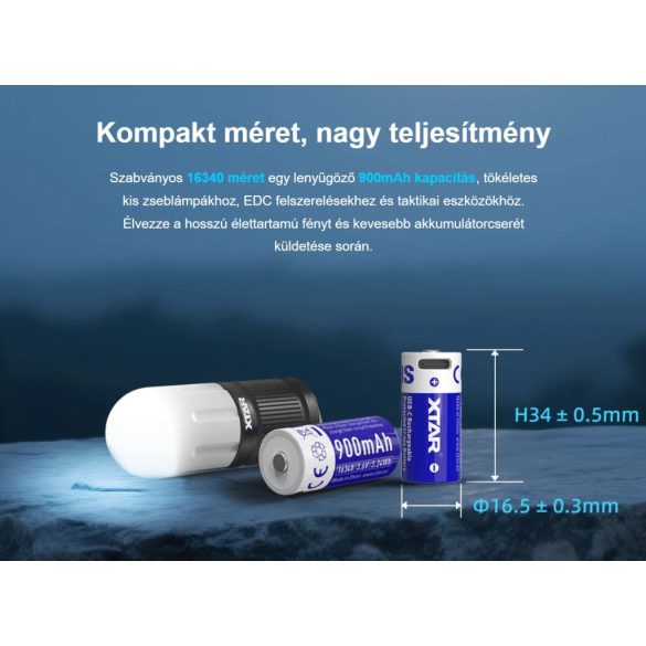 XTAR 16340 (CR123A) 900mAh 3,6V-os Li-ion védett akkumulátor USB-C