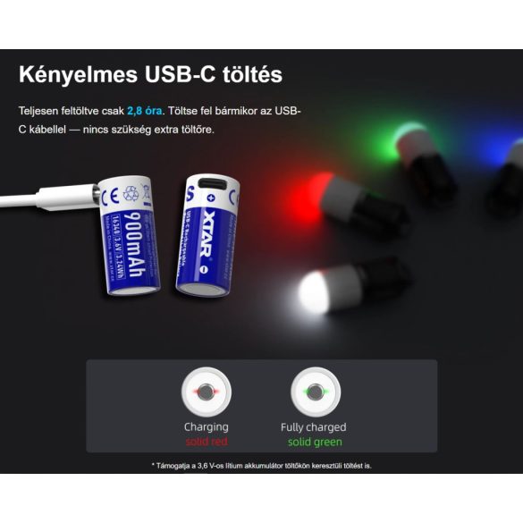 XTAR 16340 (CR123A) 900mAh 3,6V-os Li-ion védett akkumulátor USB-C