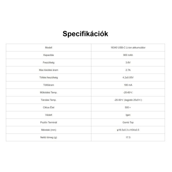 XTAR 16340 (CR123A) 900mAh 3,6V-os Li-ion védett akkumulátor USB-C