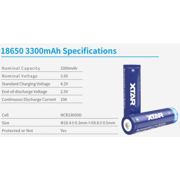 Xtar 18650 3300 mAh 3,7V Li-ion védett akkumulátor