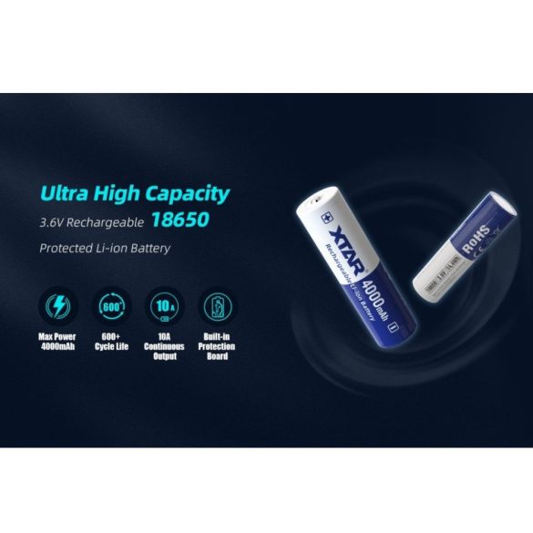 Xtar 18650 4000 mAh 3,6V Li-ion védett akku, 10A