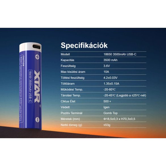 Xtar 18650 3500 mAh 3,6V Li-ion védett akku, USB-C töltéssel
